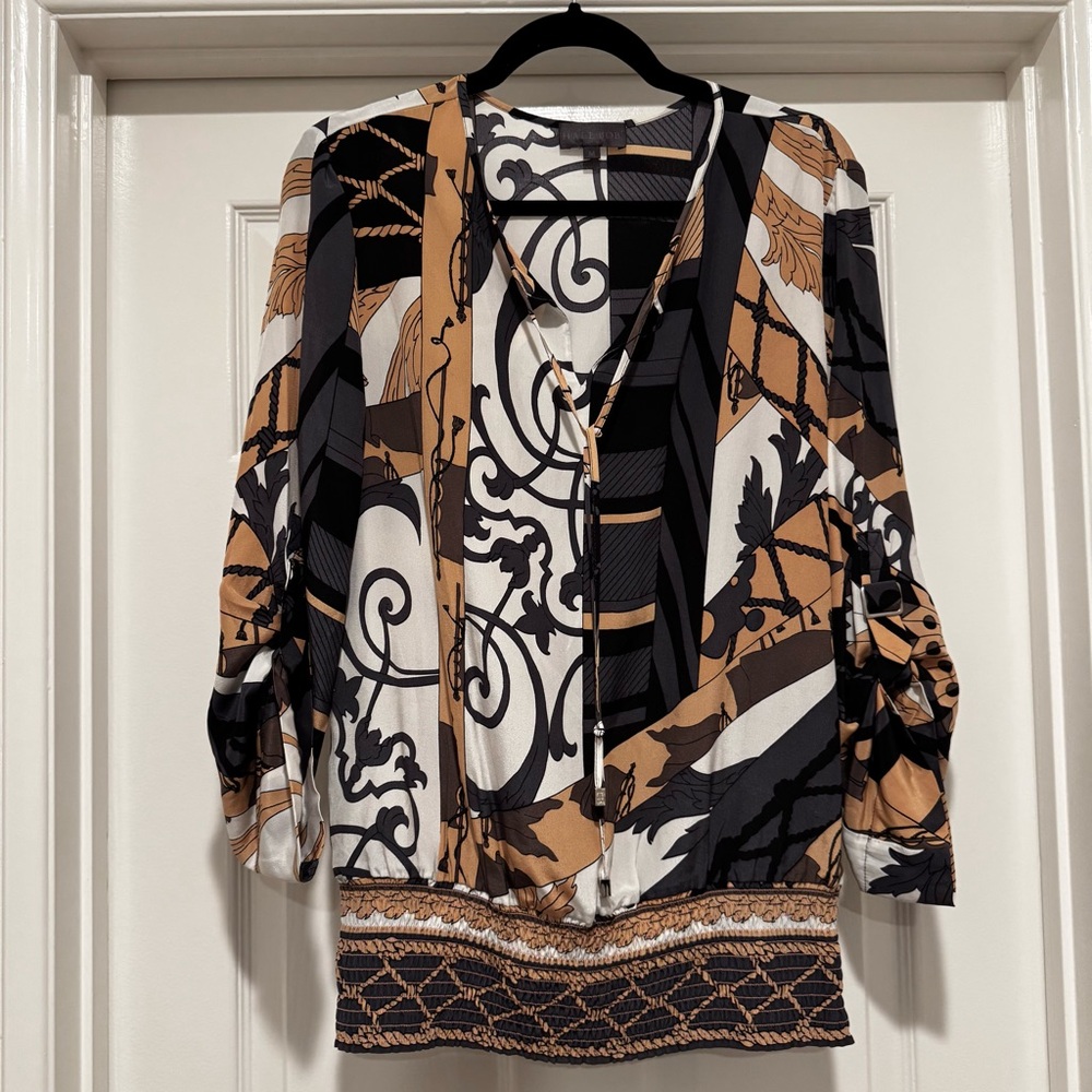 HALE BOB Black, White & Tan Print V-Neck Blouson 100% Silk Blouse Size M